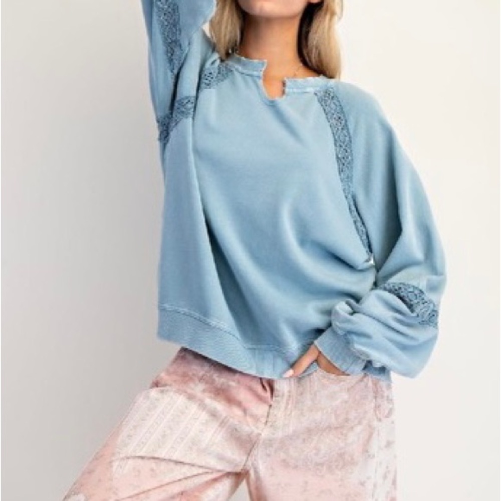 Sky Blue Lace-Trim Cozy Pullover Sweatshirt
